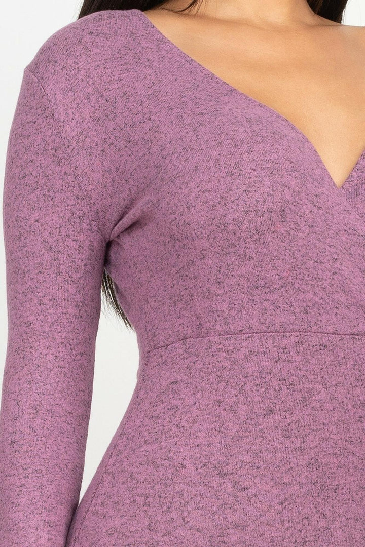 Long Sleeve V-Neck Brushed Knit Double Side Slit Midi Dress