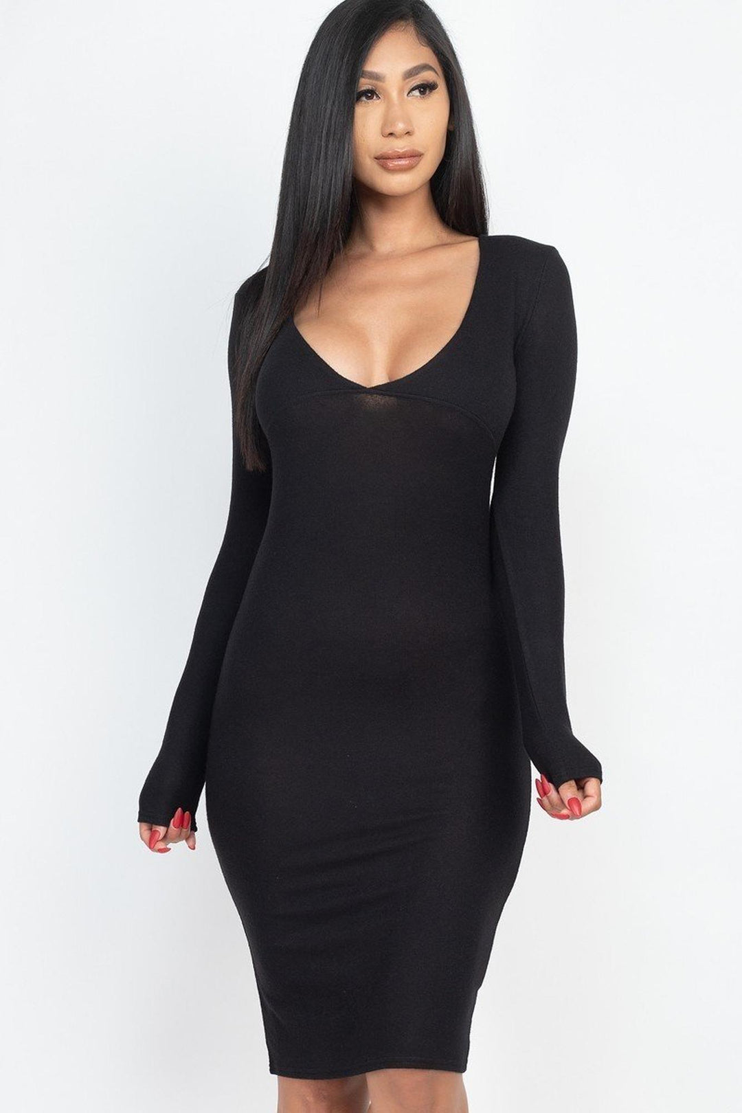 long sleeve deep v midi dress Womens Deep V Neck Collared Sweater Dress Long Sleeve Tie Front Rib Knit Wrap Bodycon Midi Dresses