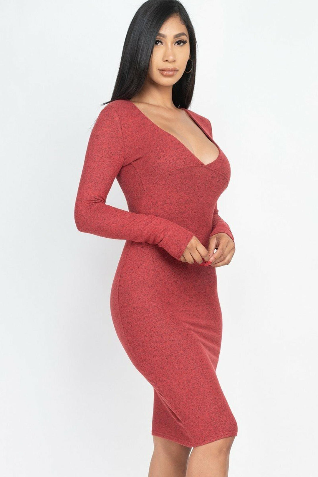 Long Sleeve Brushed Knit Deep V-Neck Midi Dress