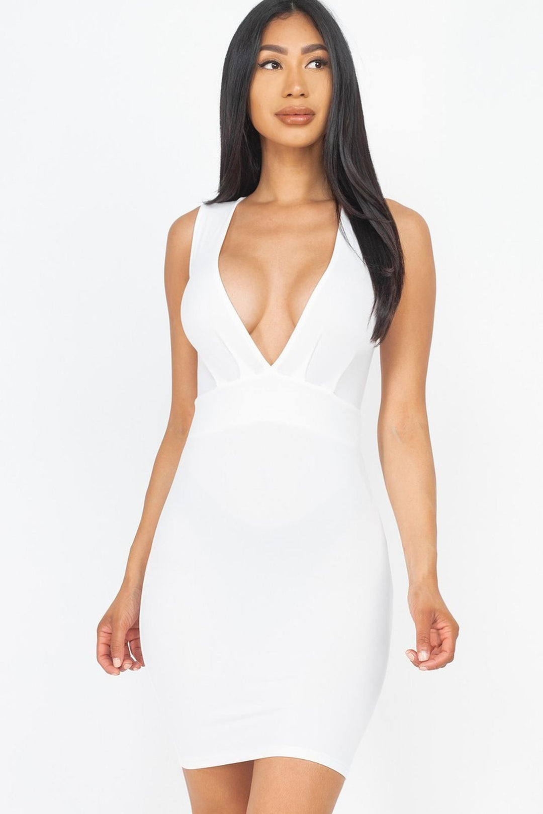 Front Tuck Bodycon Mini Dress with Plunging V Neckline