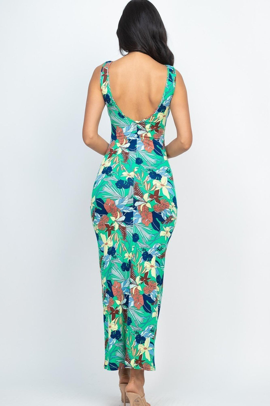 Floral Getaway Round Neck Bodycon Maxi Dress (Gold) M Floral Getaway Round Neck Bodycon Maxi Dress (Gold) M