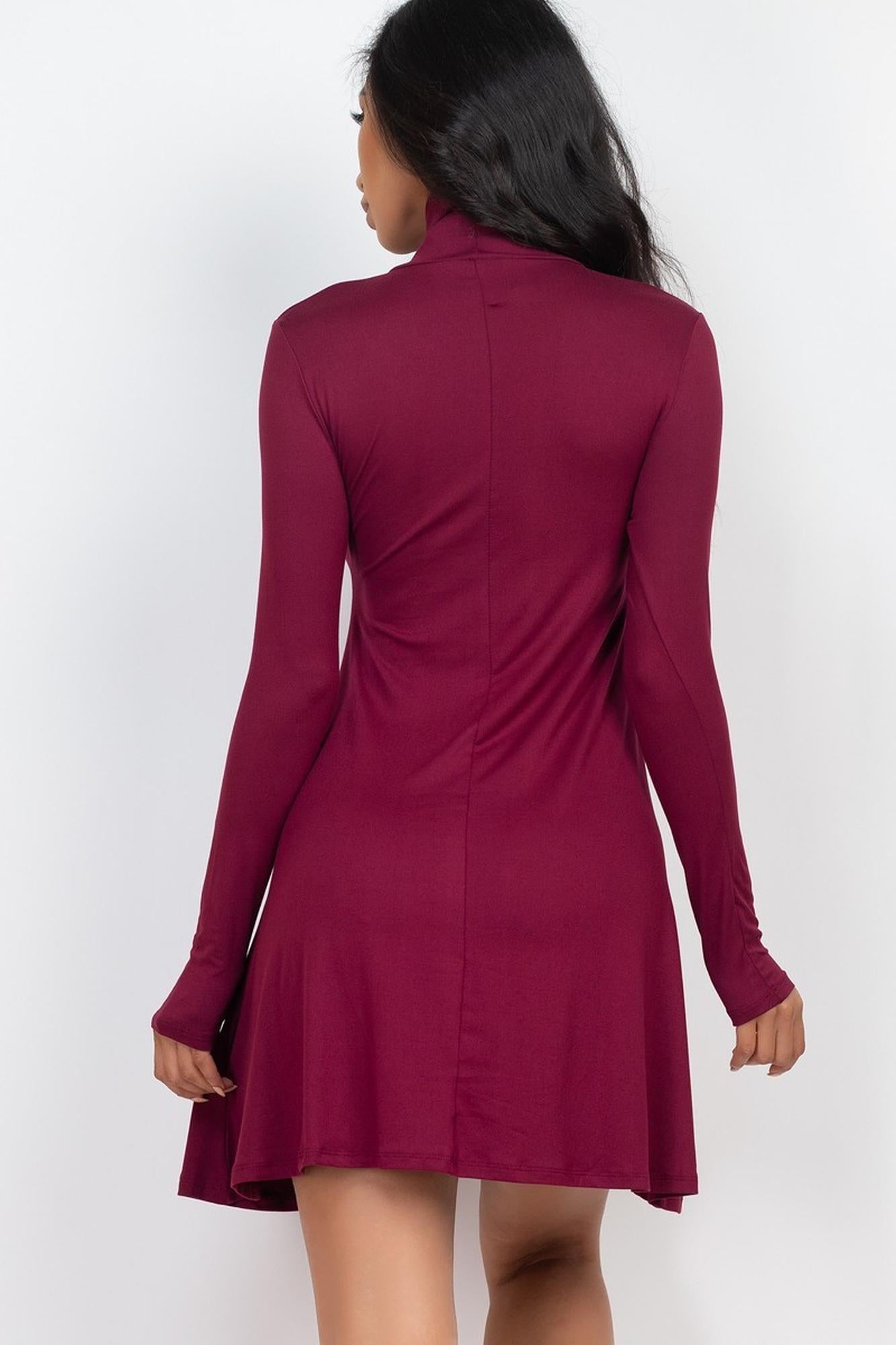 Long Sleeve Mock Neck Flare Mini Dress (Navy) S