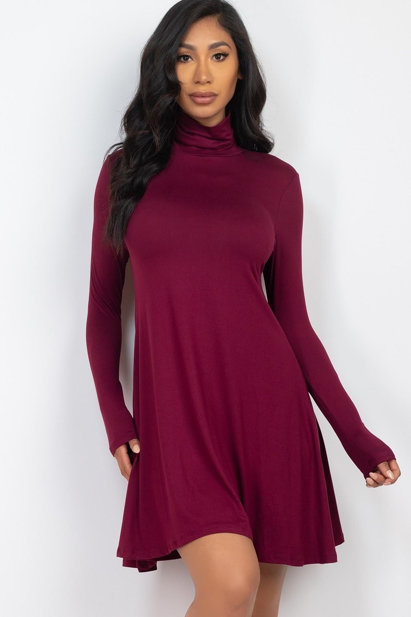 Long Sleeve Mock Neck Flare Mini Dress (Navy) S