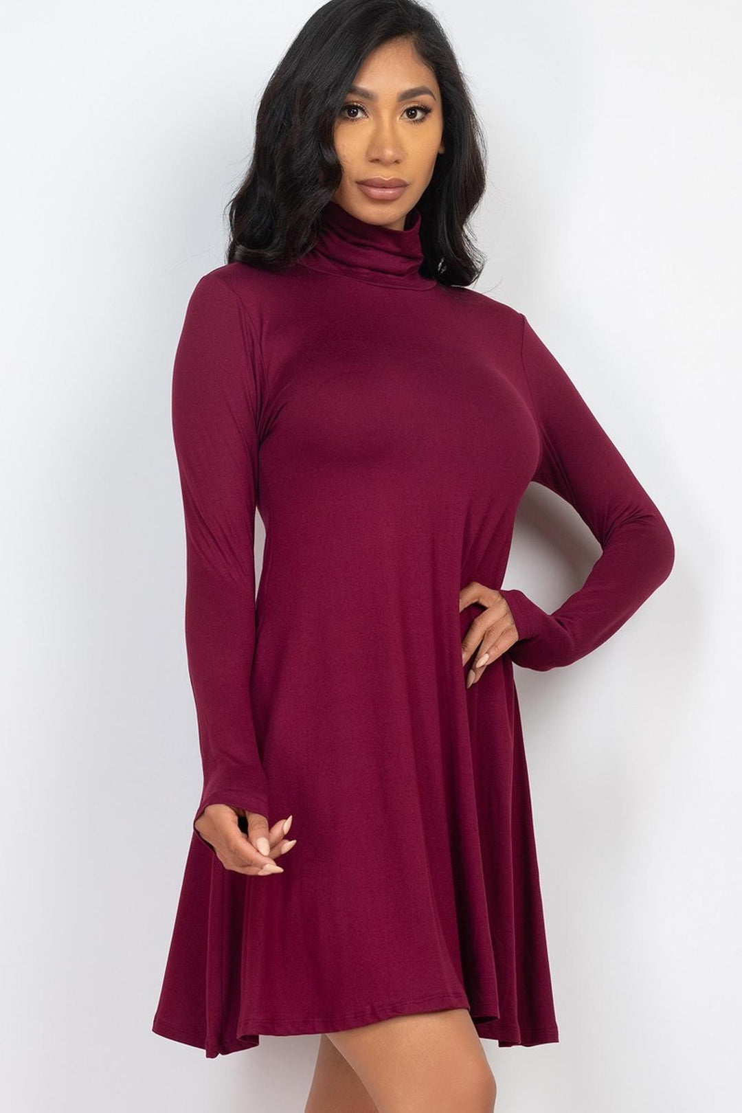 Long Sleeve Mock Neck Flare Mini Dress