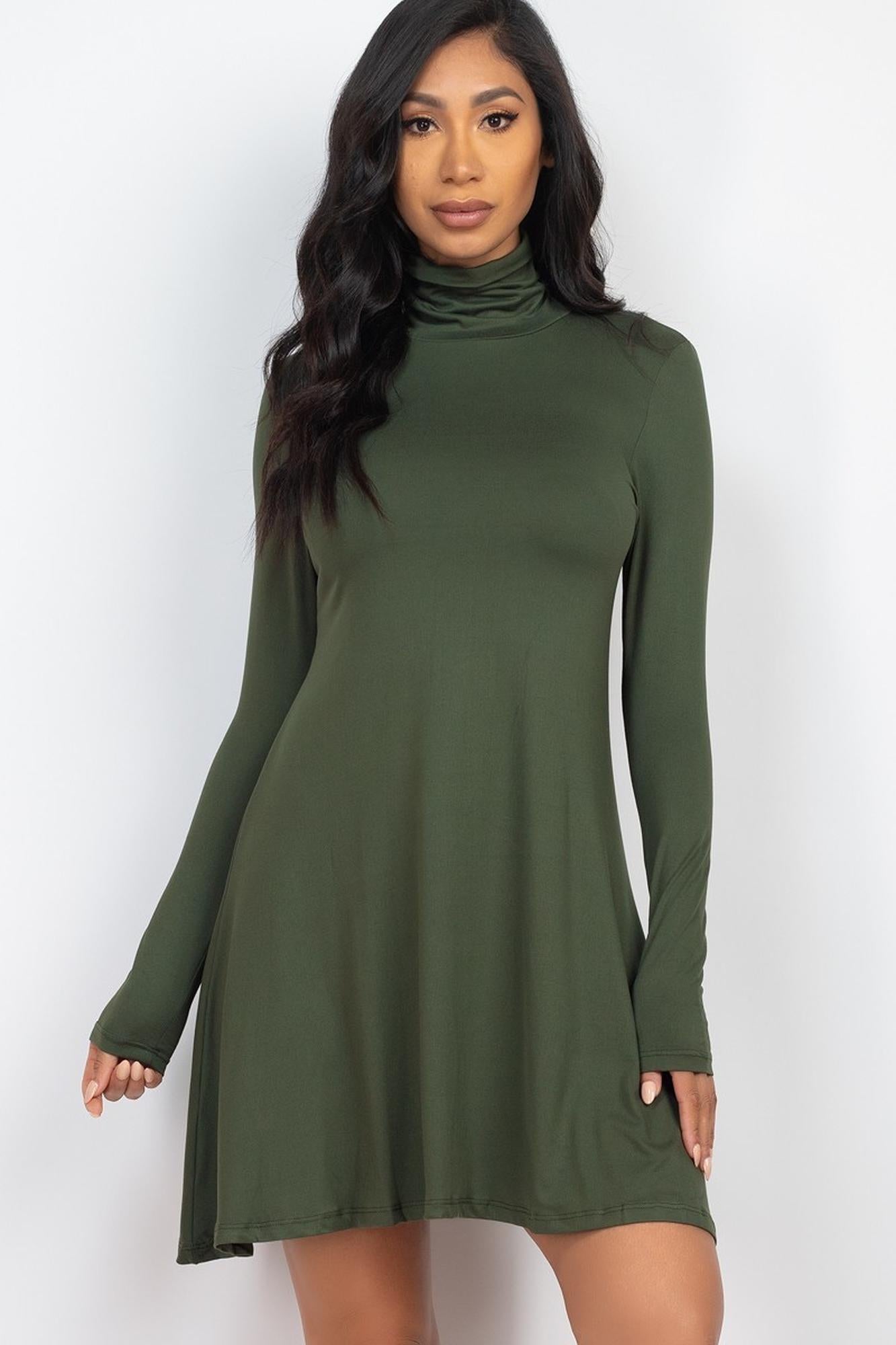 Long Sleeve Mock Neck Flare Mini Dress (Navy) S Long Sleeve Mock Neck Flare Mini Dress (Navy) S
