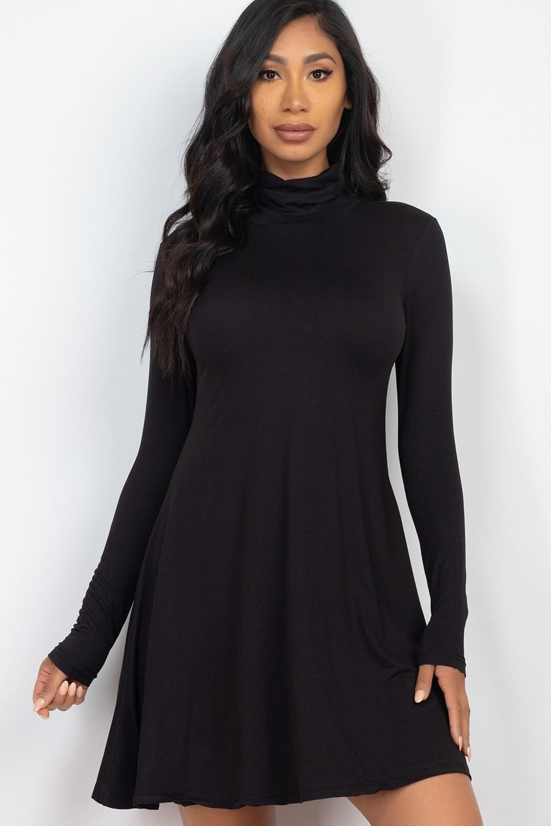 Long Sleeve Mock Neck Flare Mini Dress