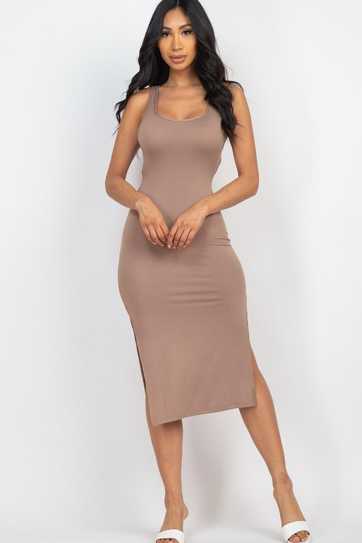 Open Tie Back Side Split Midi Dress