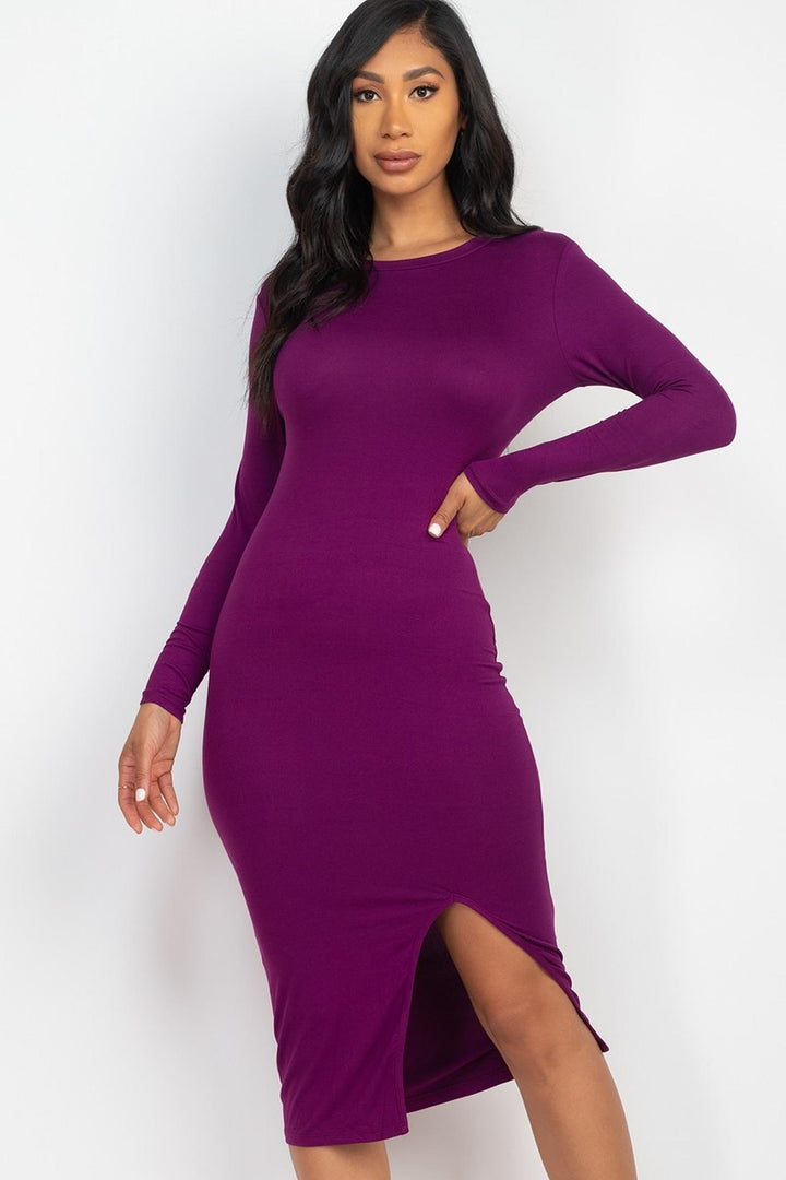 Solid Long Sleeve Thigh Slit Midi Broycon Dress