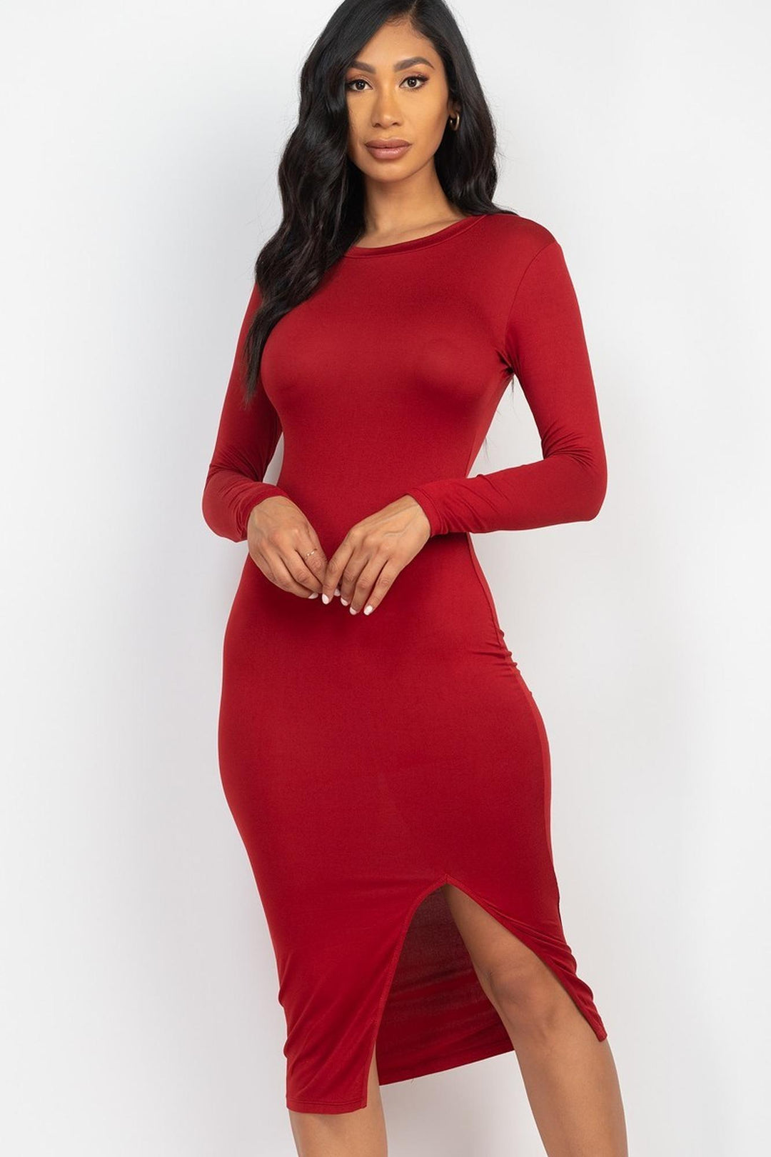 Solid Long Sleeve Thigh Slit Midi Broycon Dress