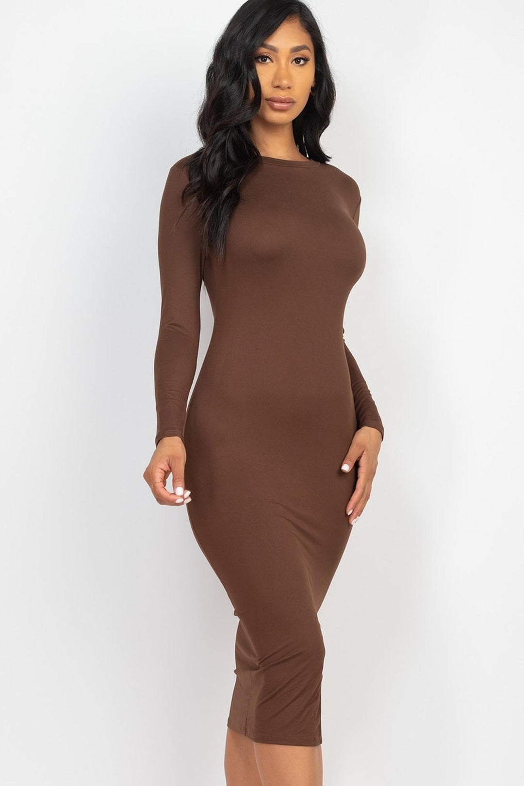 long sleeve thigh split midi dress Solid Long Sleeve Thigh Slit Midi Broycon Dress