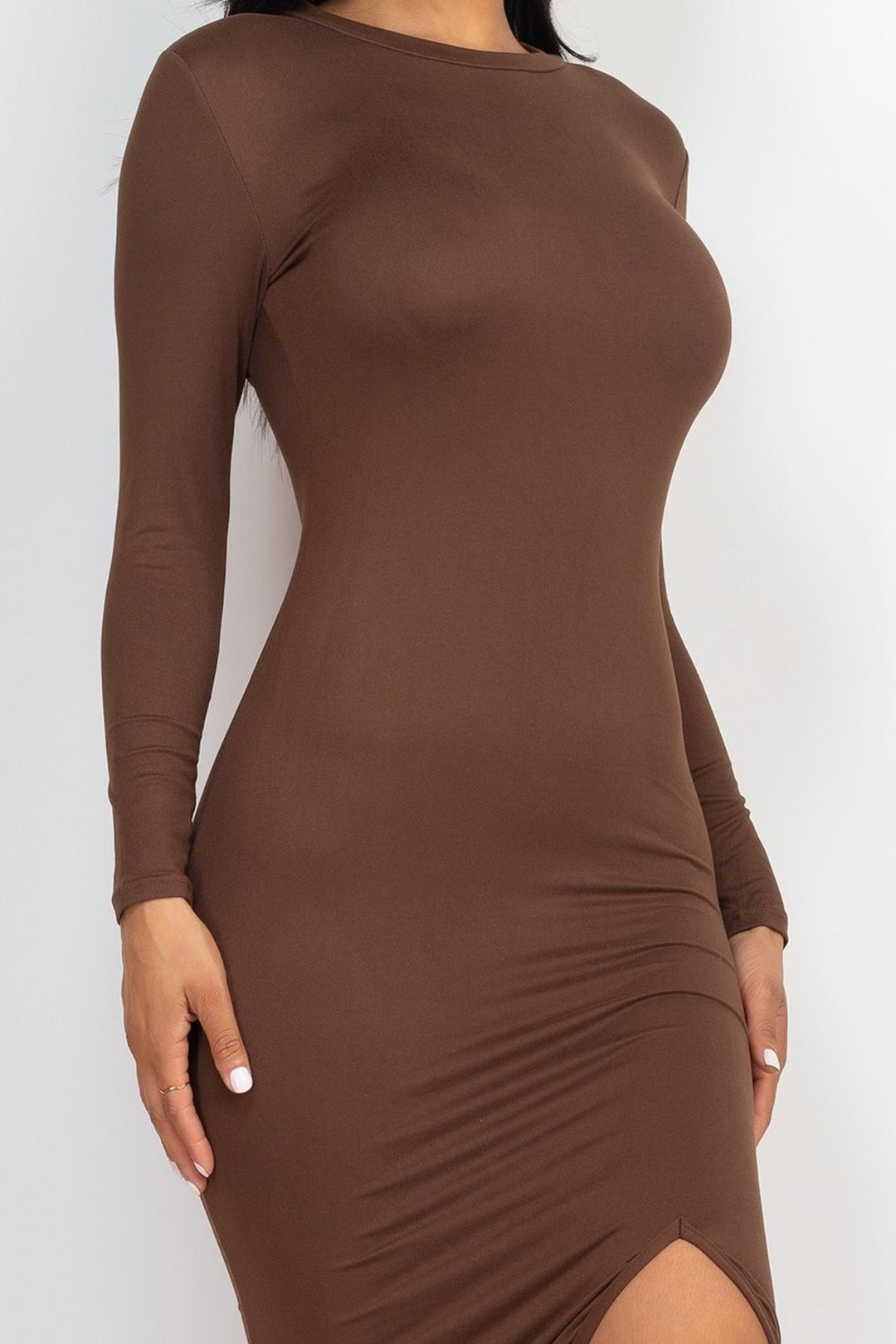 long sleeve thigh split midi dress Anjela Long Sleeve Thigh Split Midi Dress Champagne