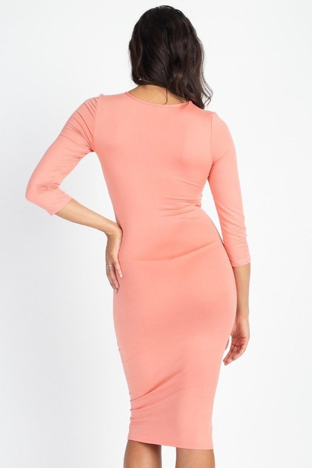 3/4 Sleeve Round Neck Stretch Knit Midi Dress
