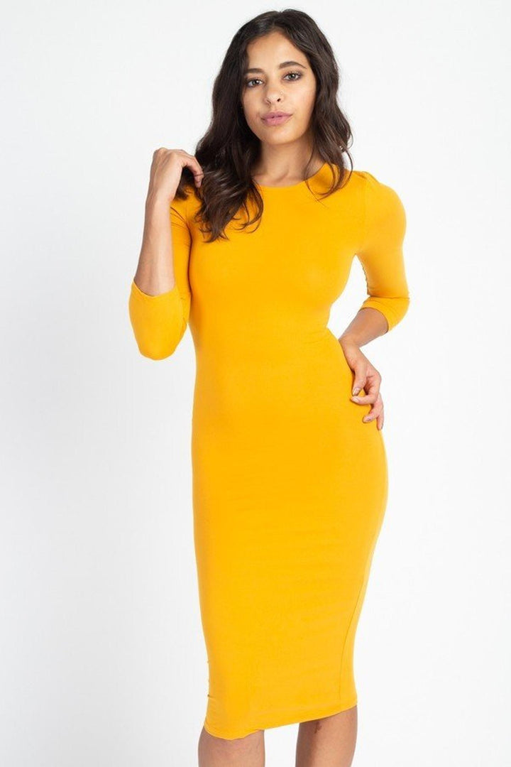 3/4 Sleeve Round Neck Stretch Knit Midi Dress