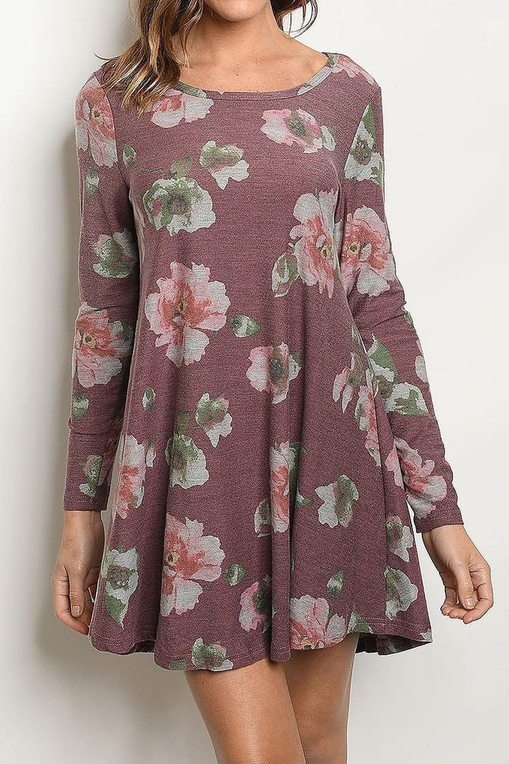 Long Sleeve Vintage Floral Round Neck Mini Dress