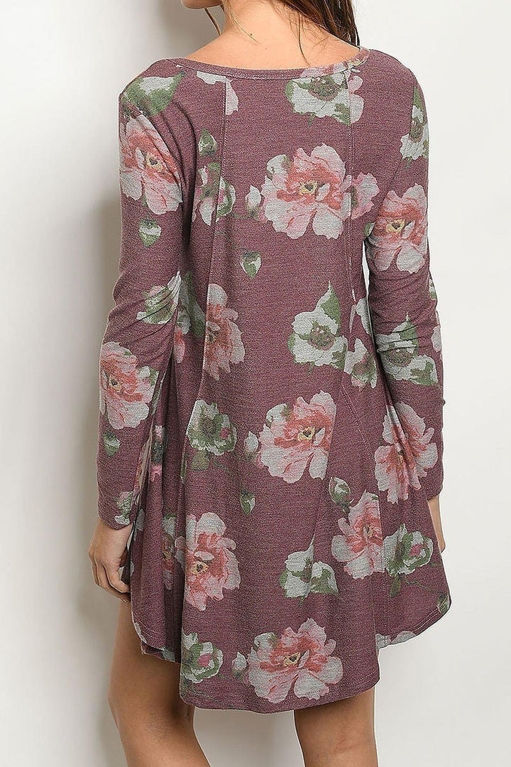 Long Sleeve Vintage Floral Round Neck Mini Dress