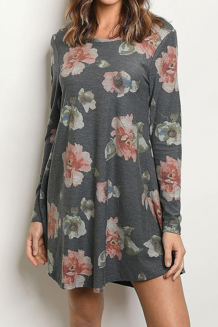 Long Sleeve Vintage Floral Round Neck Mini Dress
