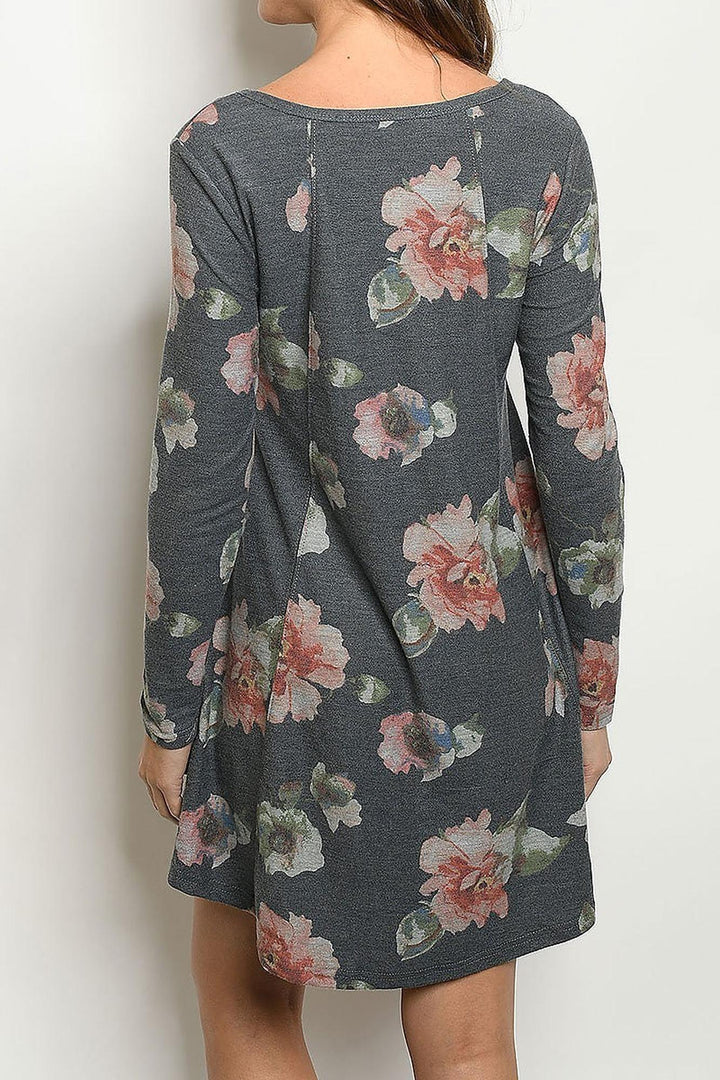 Long Sleeve Vintage Floral Round Neck Mini Dress