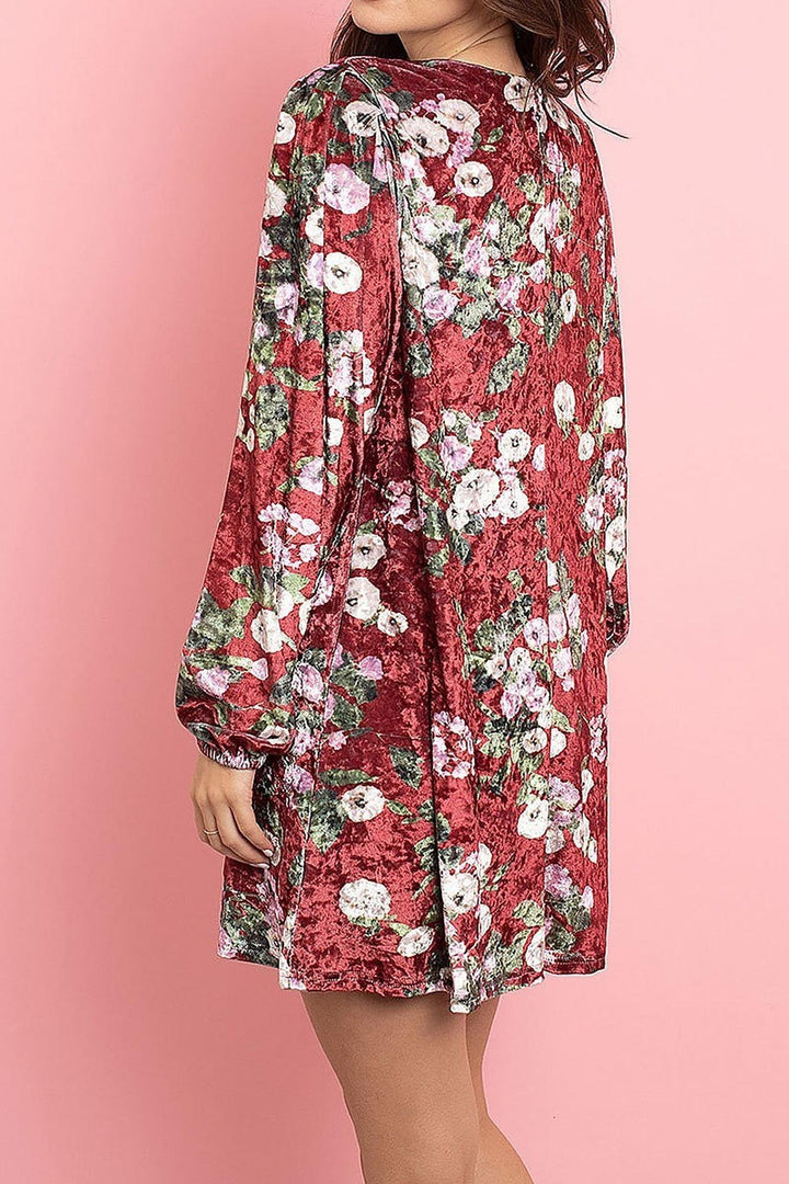 Velvet Floral Long Sleeve Gathered Cuff V-Neck Mini Dress