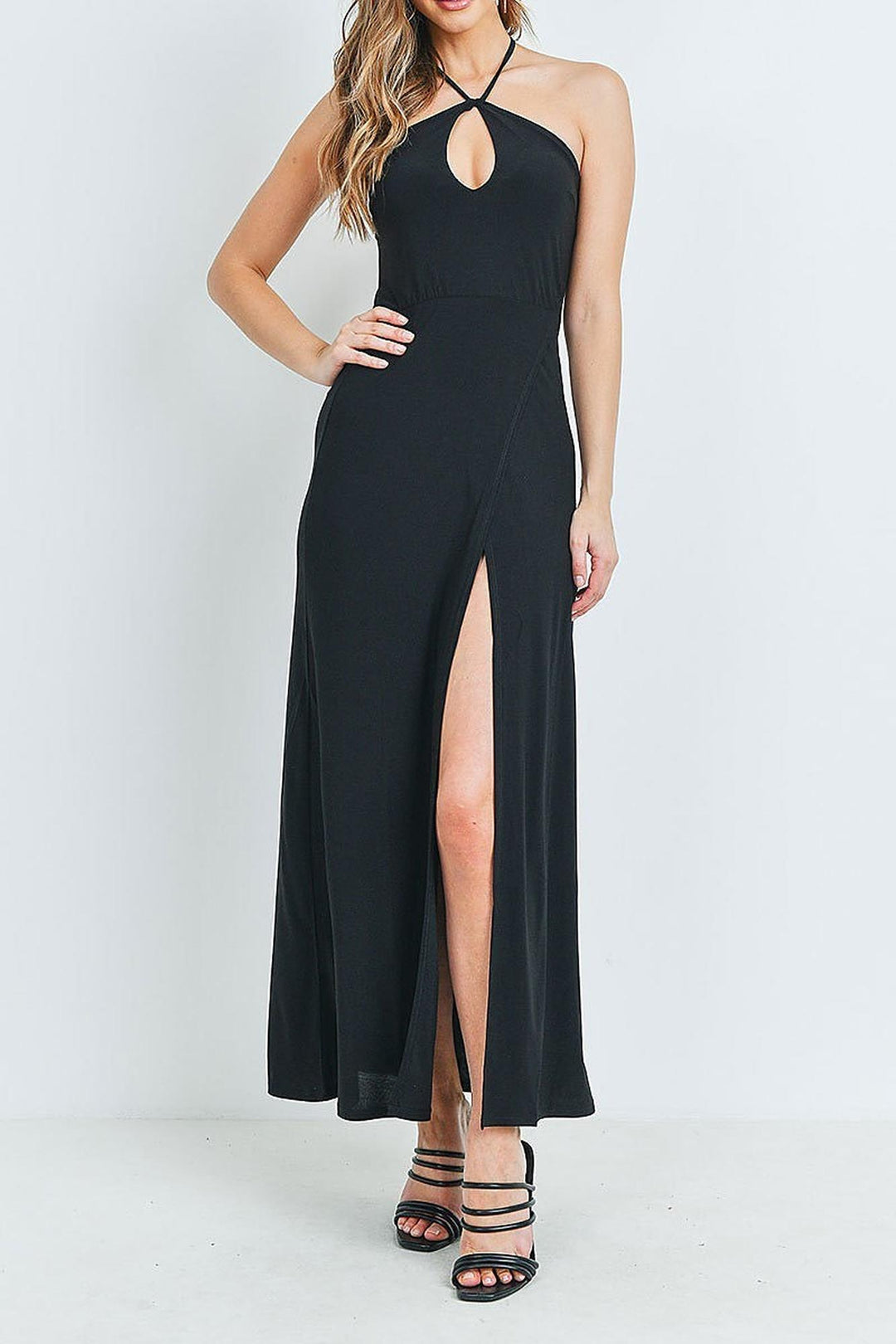 Black Front Slit Keyhole Halter Neck Maxi Dress (Black) S
