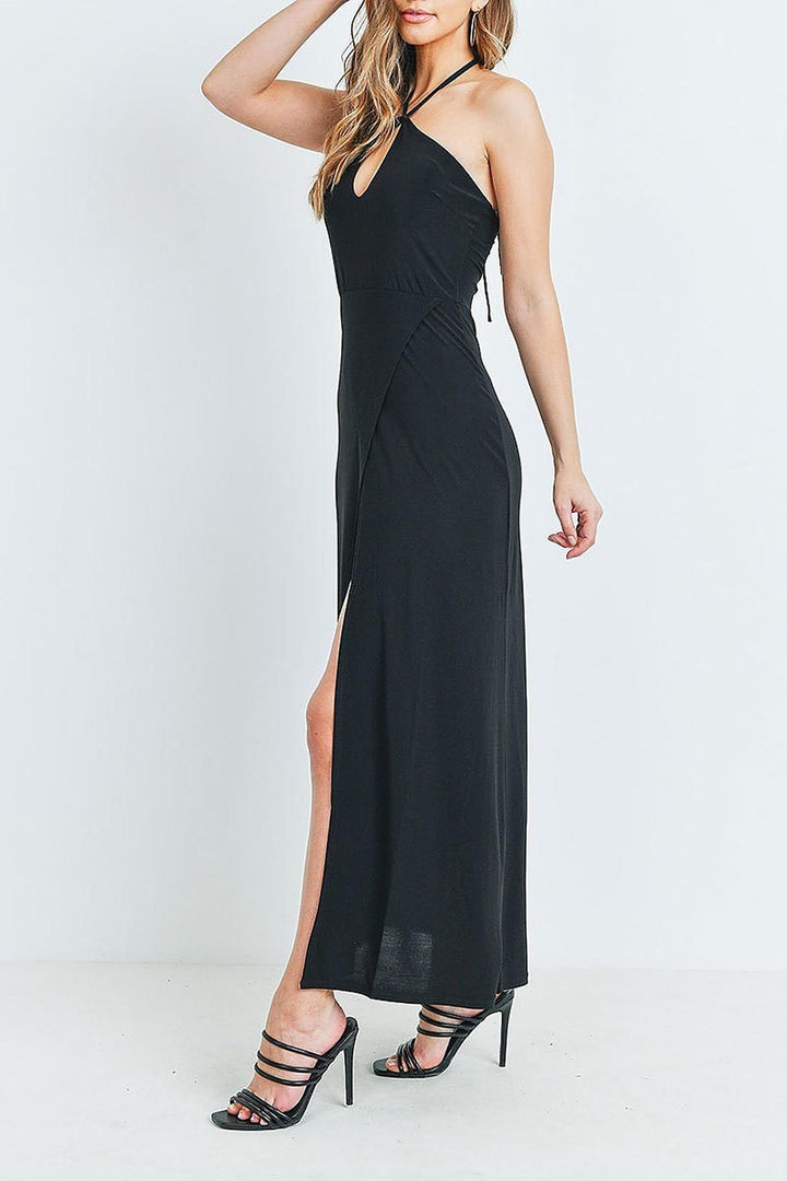 Black Front Slit Keyhole Halter Neck Maxi Dress