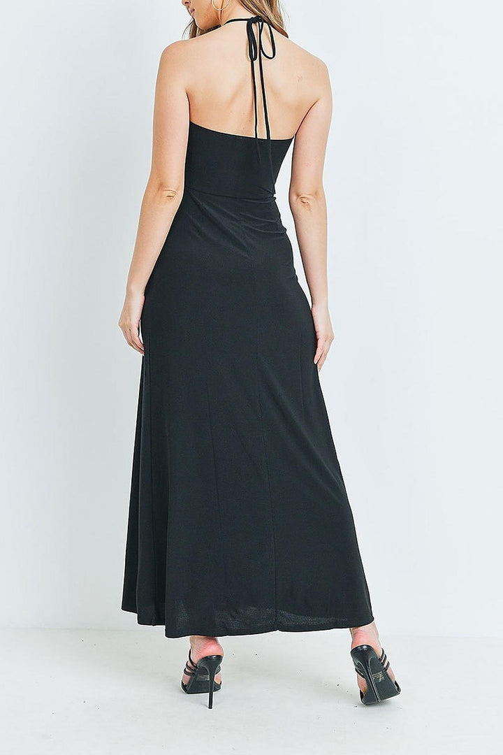 Black Front Slit Keyhole Halter Neck Maxi Dress
