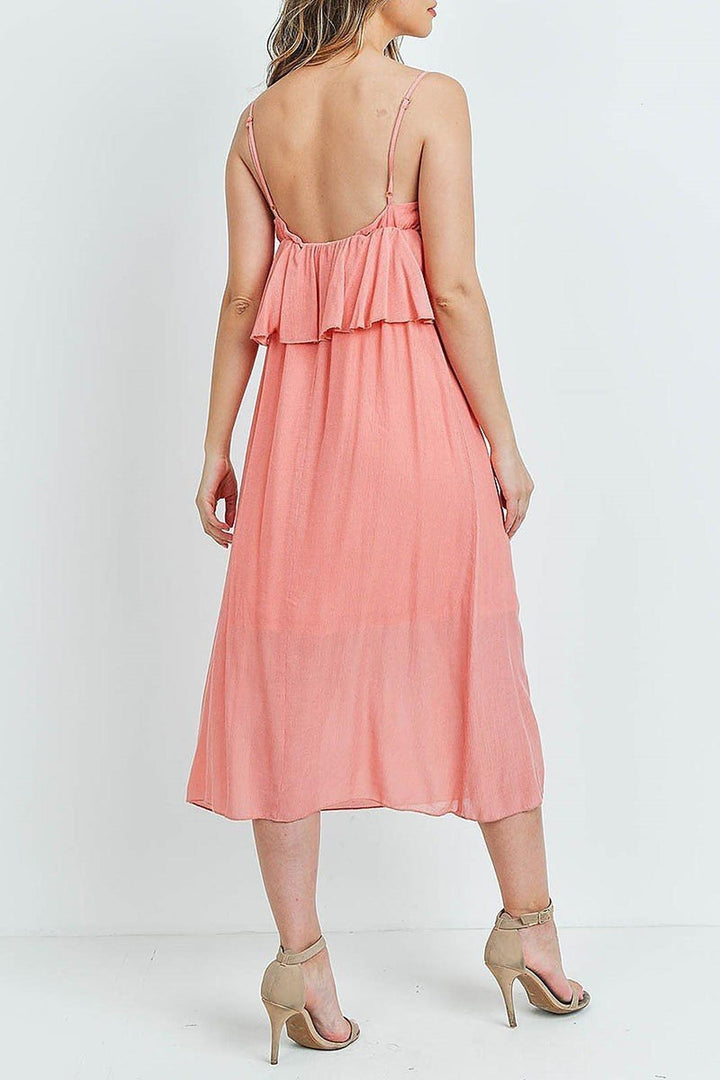 Ruffle Accent V-Neck Flare Midi Dress