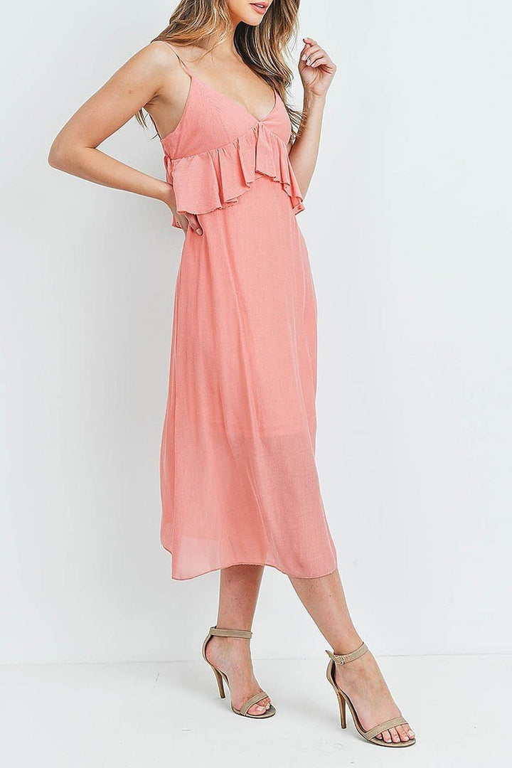 Ruffle Accent V-Neck Flare Midi Dress