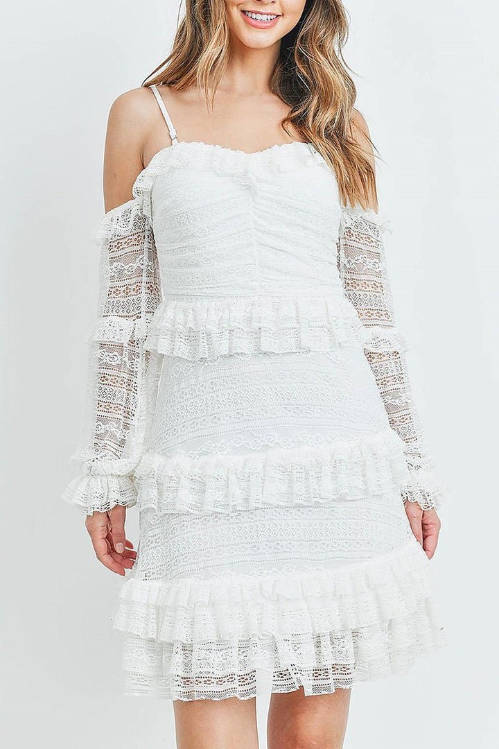Tiered Ruffle Off the Shoulder Lace Sleeve Dress