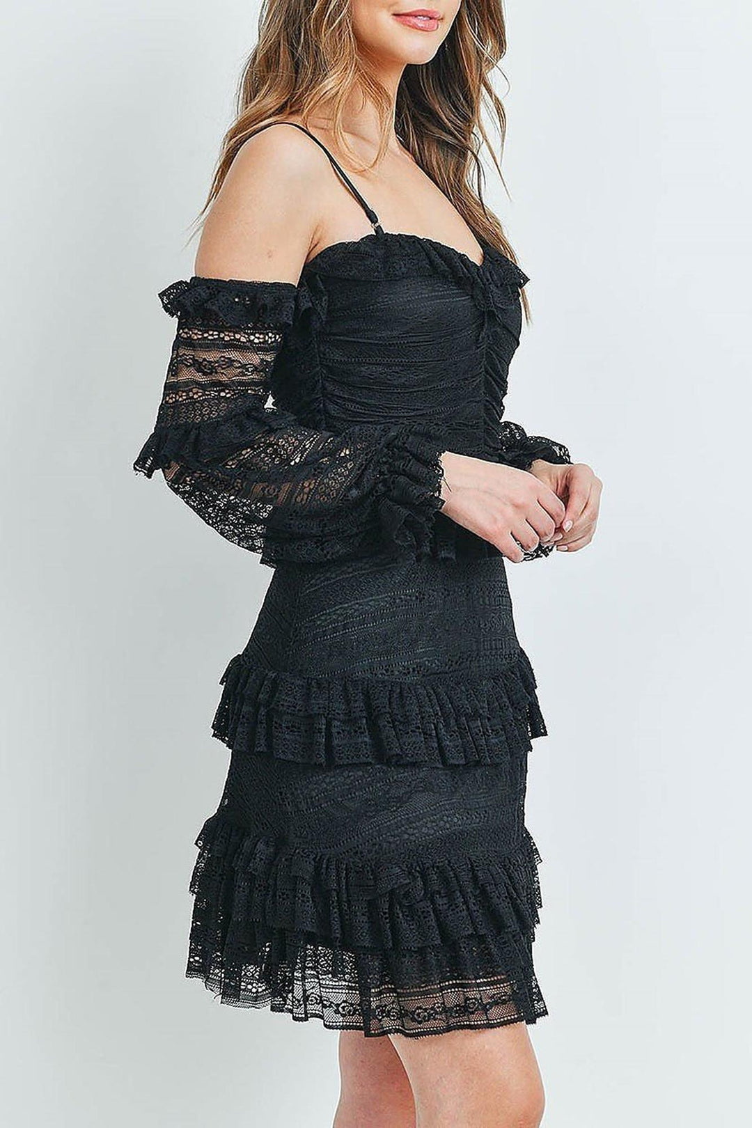 Tiered Ruffle Off the Shoulder Lace Sleeve Dress