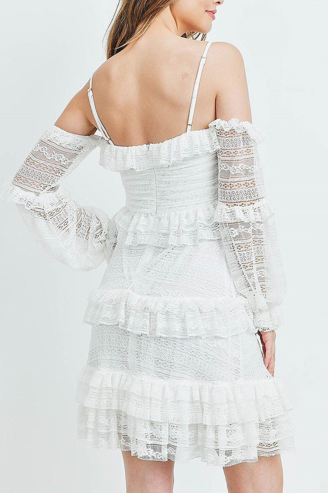 Tiered Ruffle Off the Shoulder Lace Sleeve Dress
