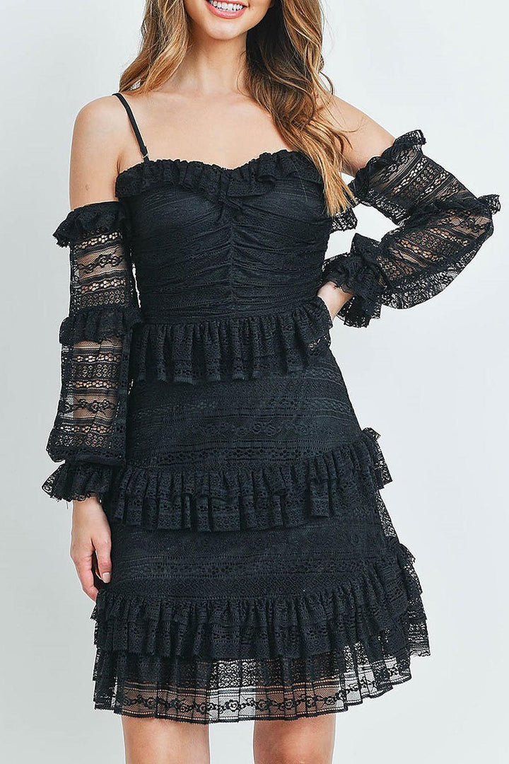 Tiered Ruffle Off the Shoulder Lace Sleeve Dress