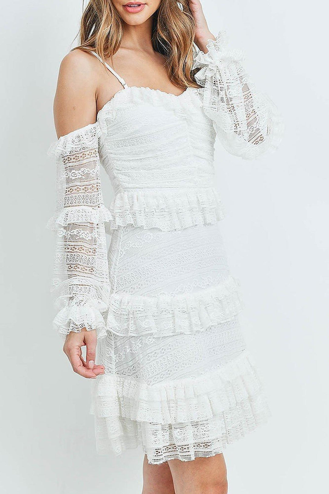Tiered Ruffle Off the Shoulder Lace Sleeve Dress