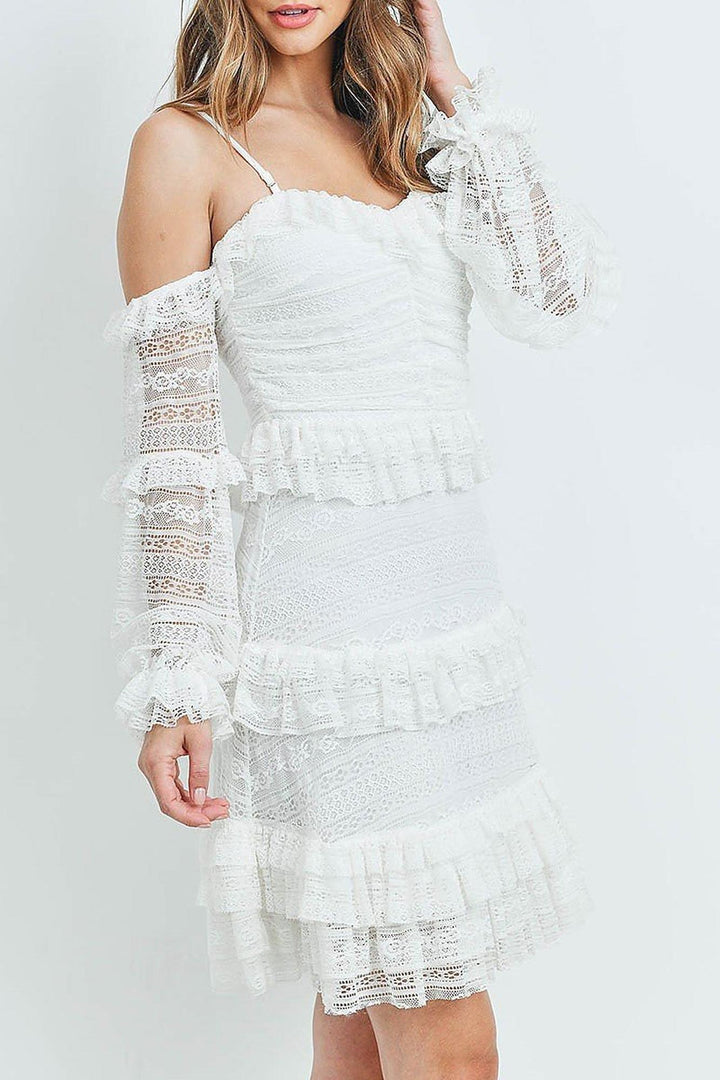 Tiered Ruffle Off the Shoulder Lace Sleeve Dress