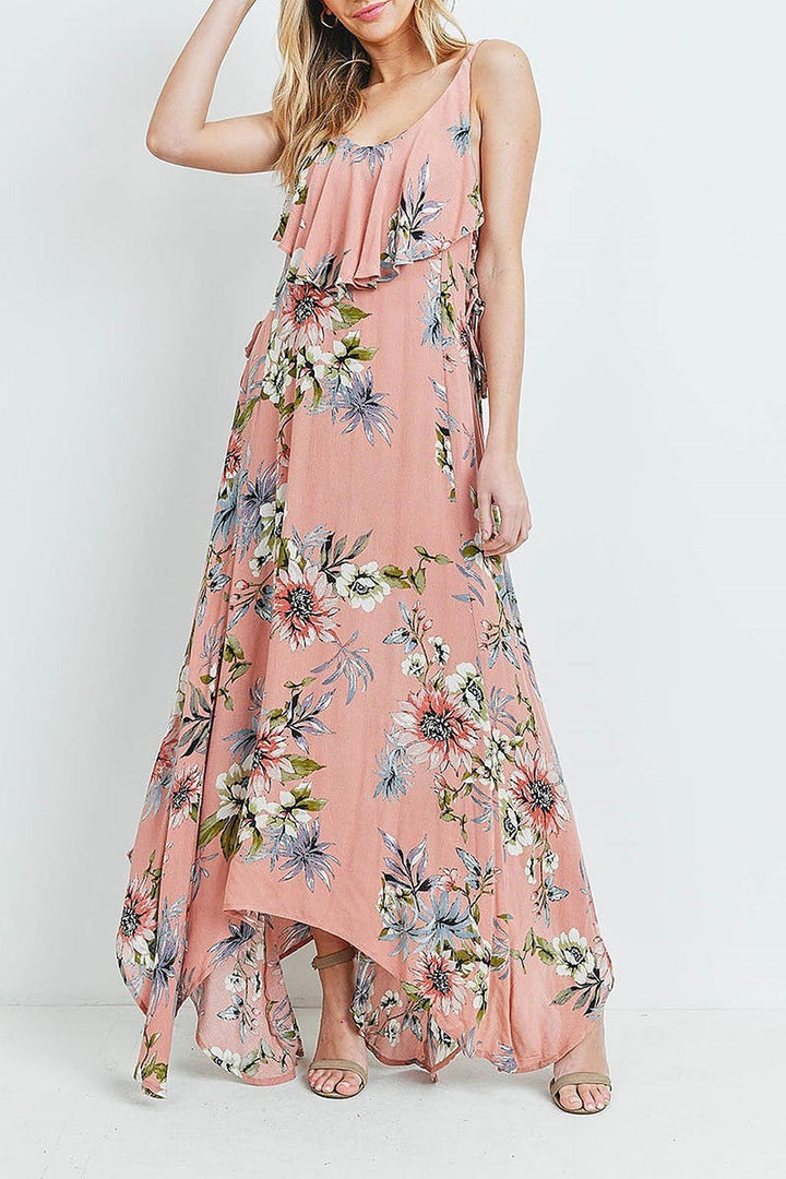 Floral  Flounce Asymmetrical Hem Maxi Dress with Crisscross Back