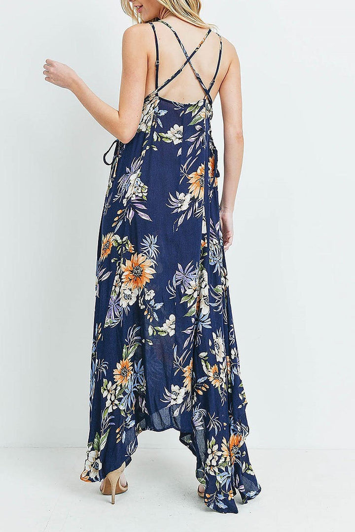 Floral  Flounce Asymmetrical Hem Maxi Dress with Crisscross Back