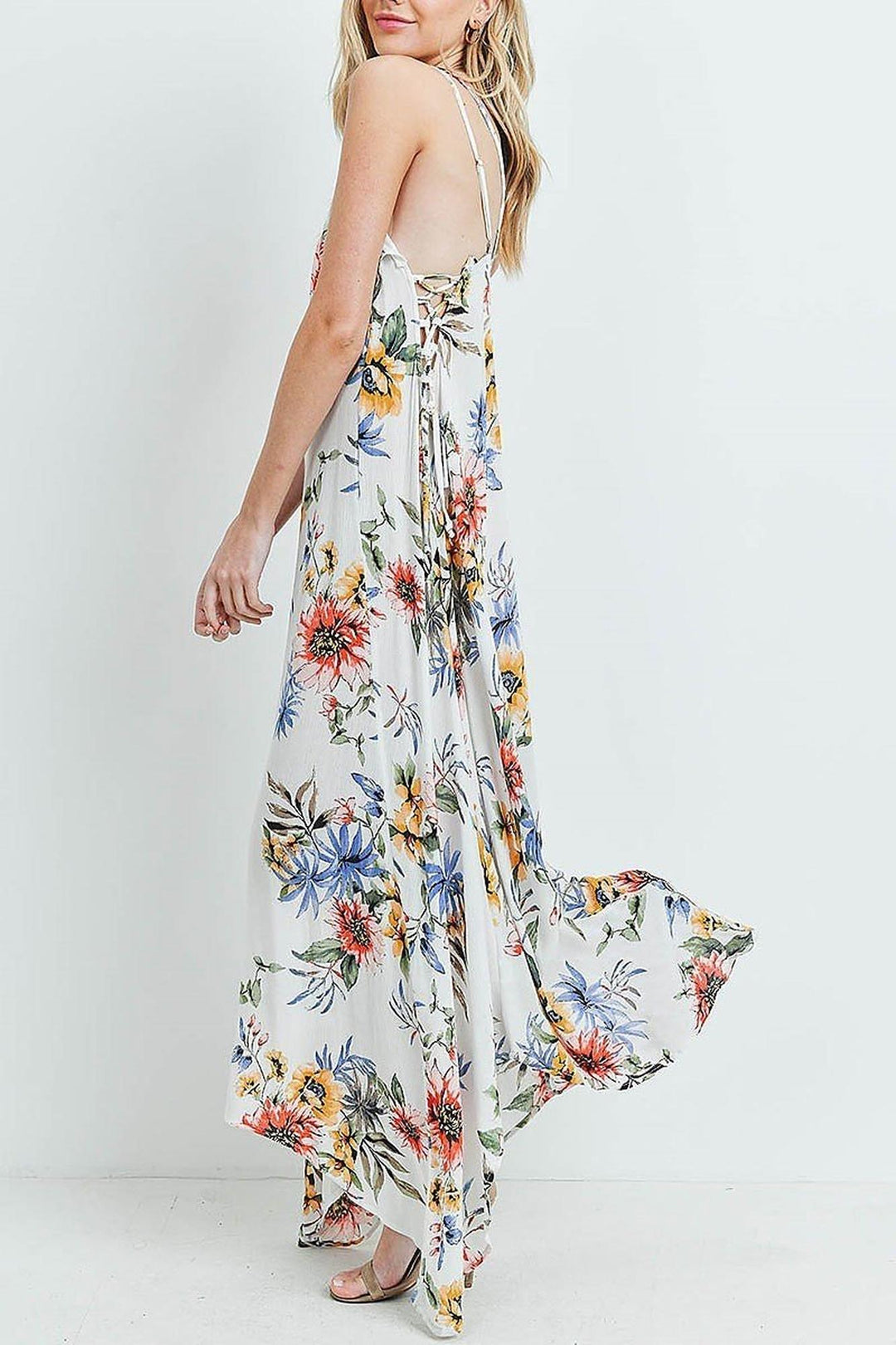 Floral  Flounce Asymmetrical Hem Maxi Dress with Crisscross Back