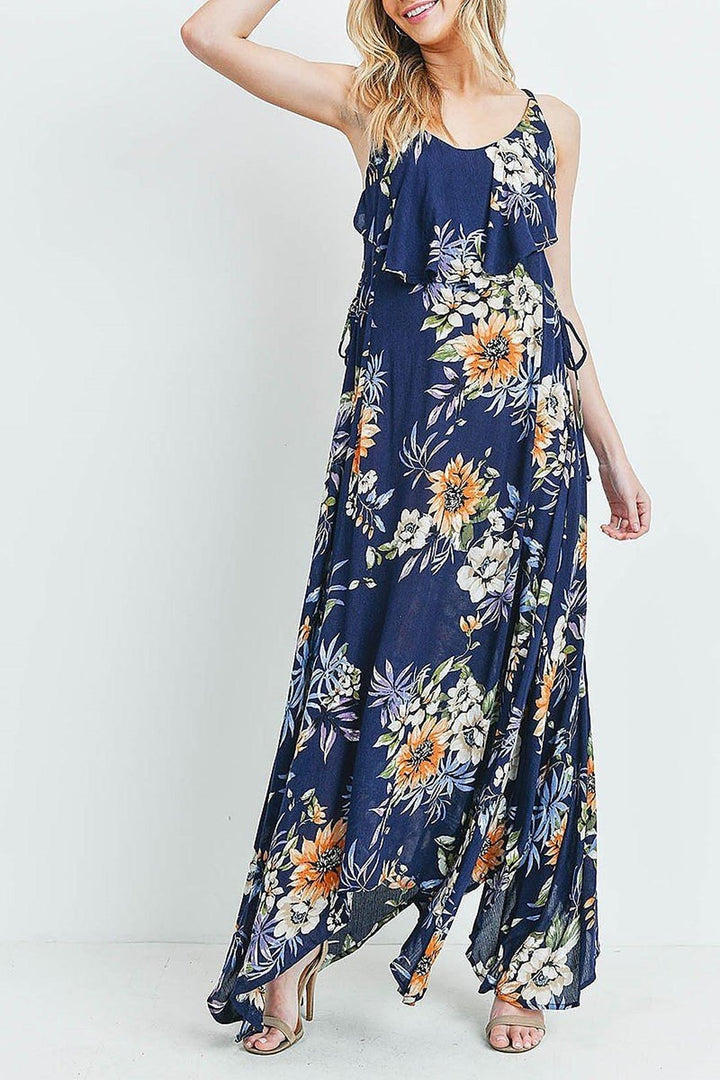 Floral  Flounce Asymmetrical Hem Maxi Dress with Crisscross Back