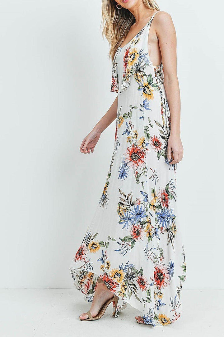 Floral  Flounce Asymmetrical Hem Maxi Dress with Crisscross Back