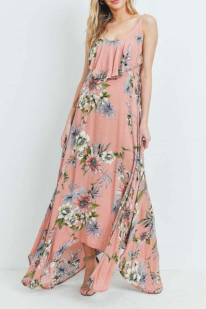 Floral  Flounce Asymmetrical Hem Maxi Dress with Crisscross Back