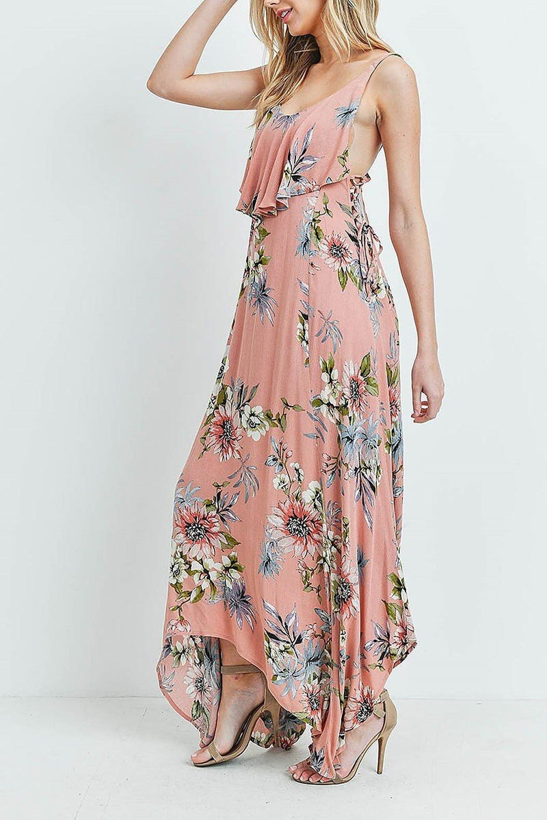 Floral  Flounce Asymmetrical Hem Maxi Dress with Crisscross Back