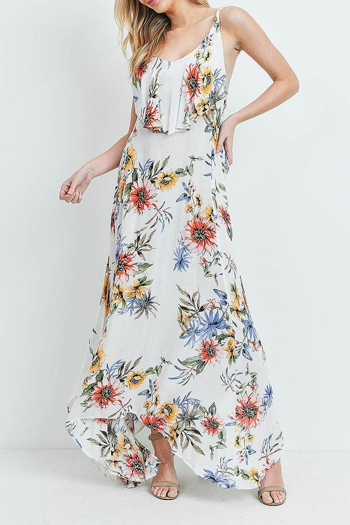 Floral  Flounce Asymmetrical Hem Maxi Dress with Crisscross Back