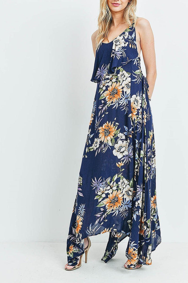 Floral  Flounce Asymmetrical Hem Maxi Dress with Crisscross Back
