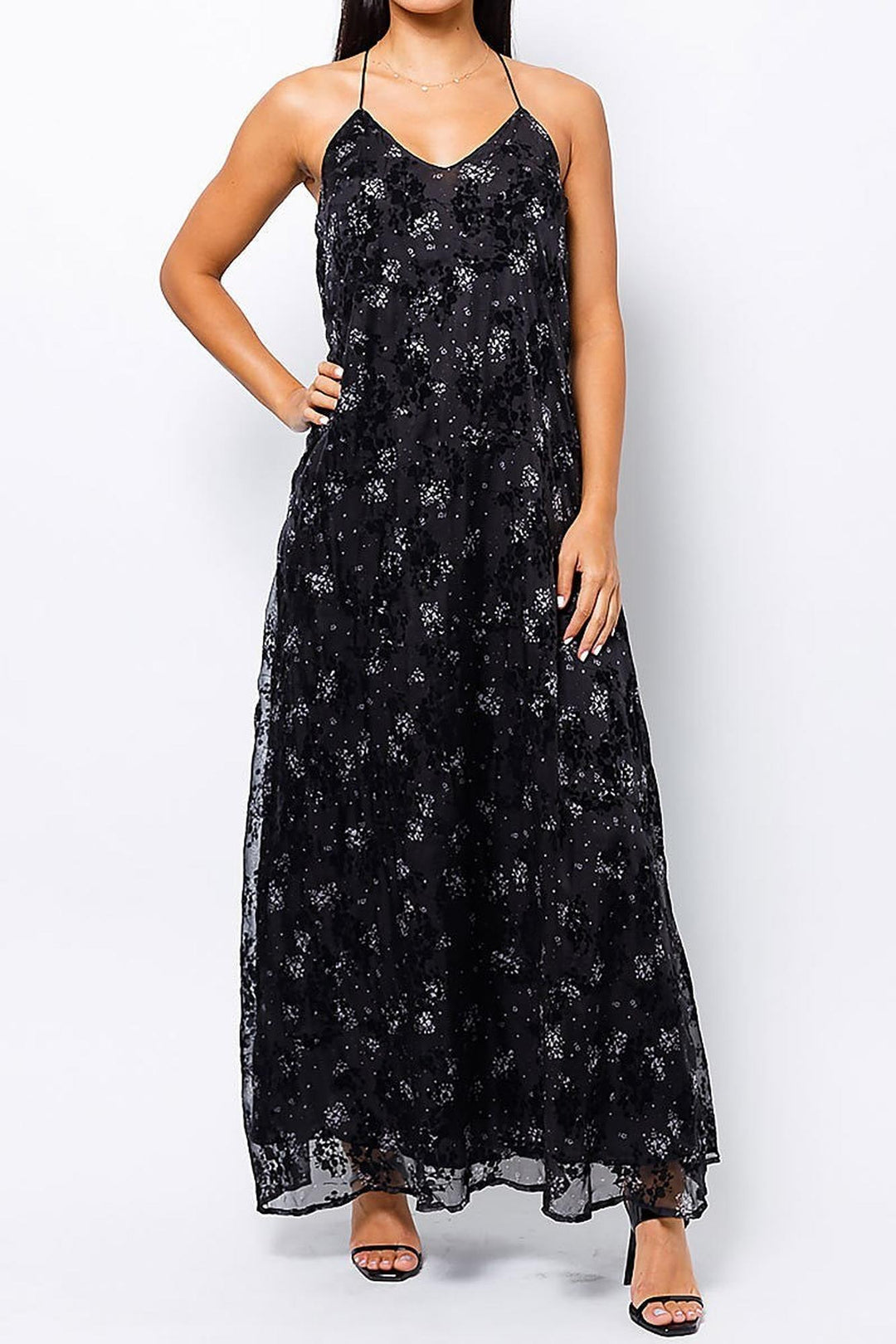 Black Floral Burnout Maxi Dress with Lace Accented T Back (Black) Xs Black Floral Burnout Maxi Dress with Lace Accented T Back (Black) Xs