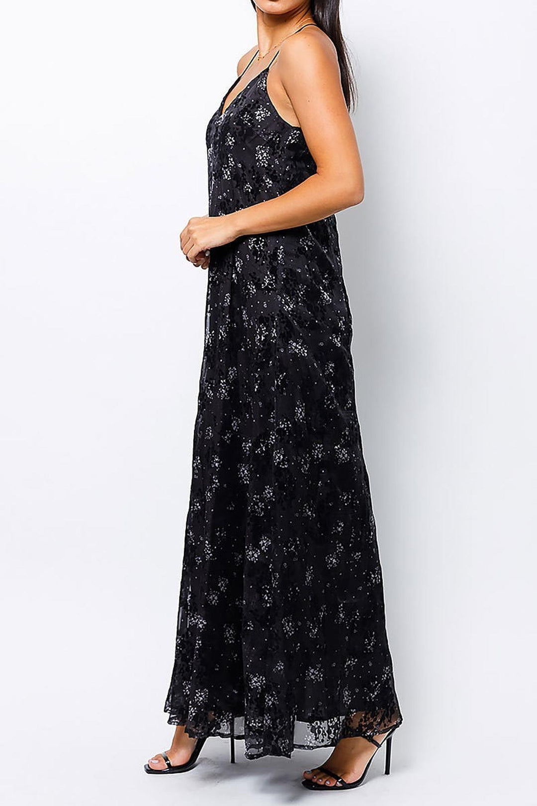 Black Floral Burnout Maxi Dress with Lace Accented T Back (Black) Xs Black Floral Burnout Maxi Dress with Lace Accented T Back (Black) Xs