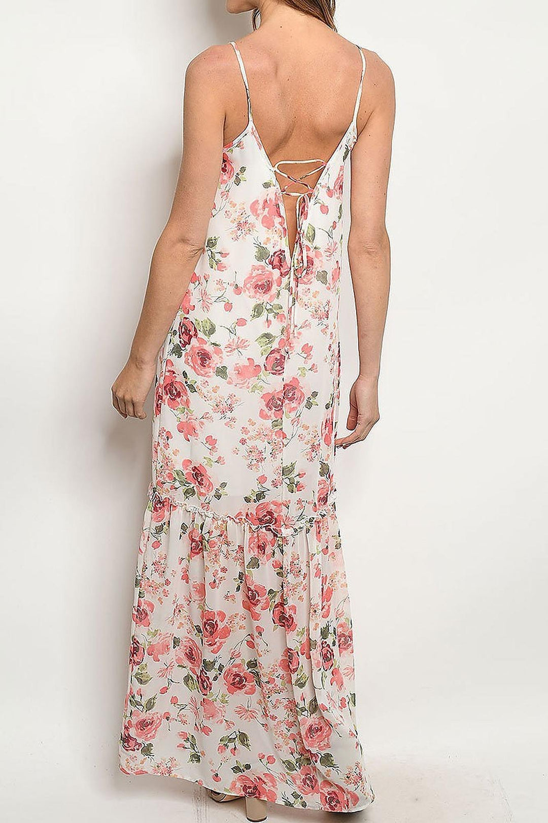 Low V Crisscross Back Rose Print Maxi Dress with Spaghetti Straps