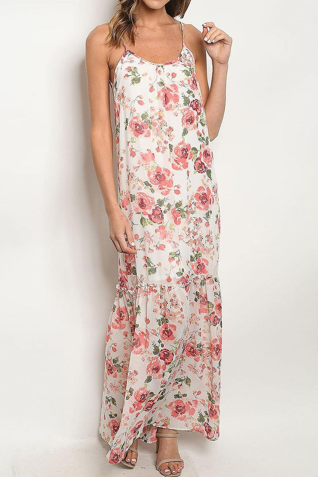 Low V Crisscross Back Rose Print Maxi Dress with Spaghetti Straps