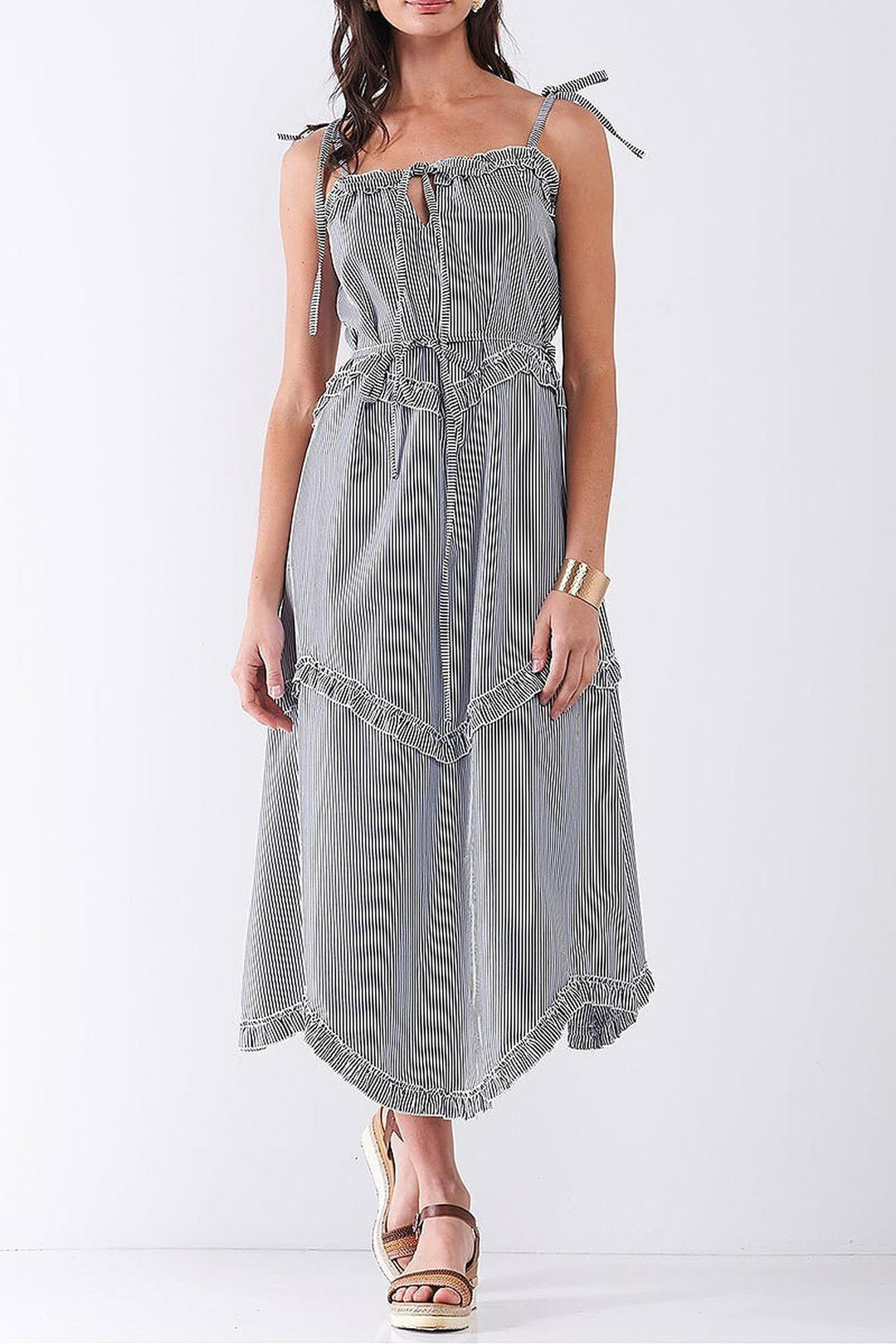 Ruffle Accent Striped Tie String Wavy Hem Rayon Midi Dress