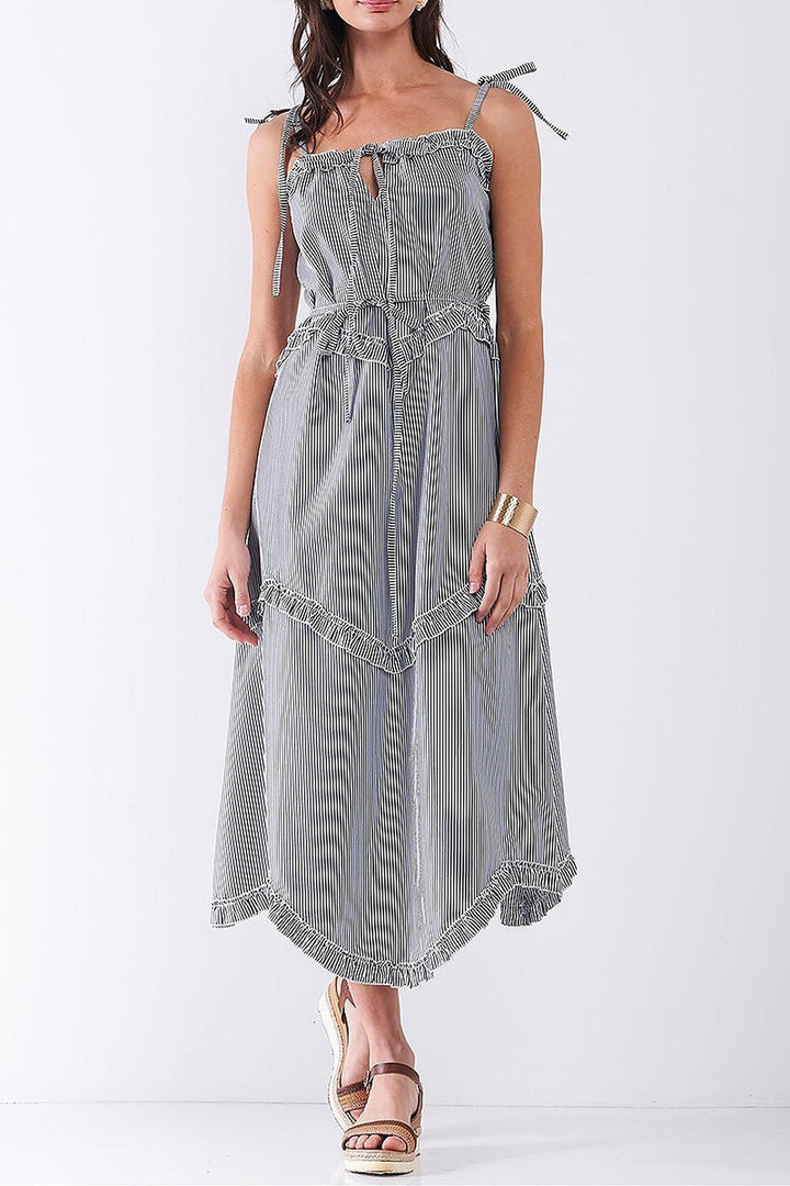 Ruffle Accent Striped Tie String Wavy Hem Rayon Midi Dress