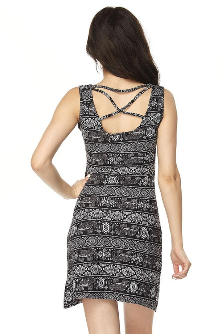 Buttery Soft Tribal Elephant Criss Cross Strap Mini Dress