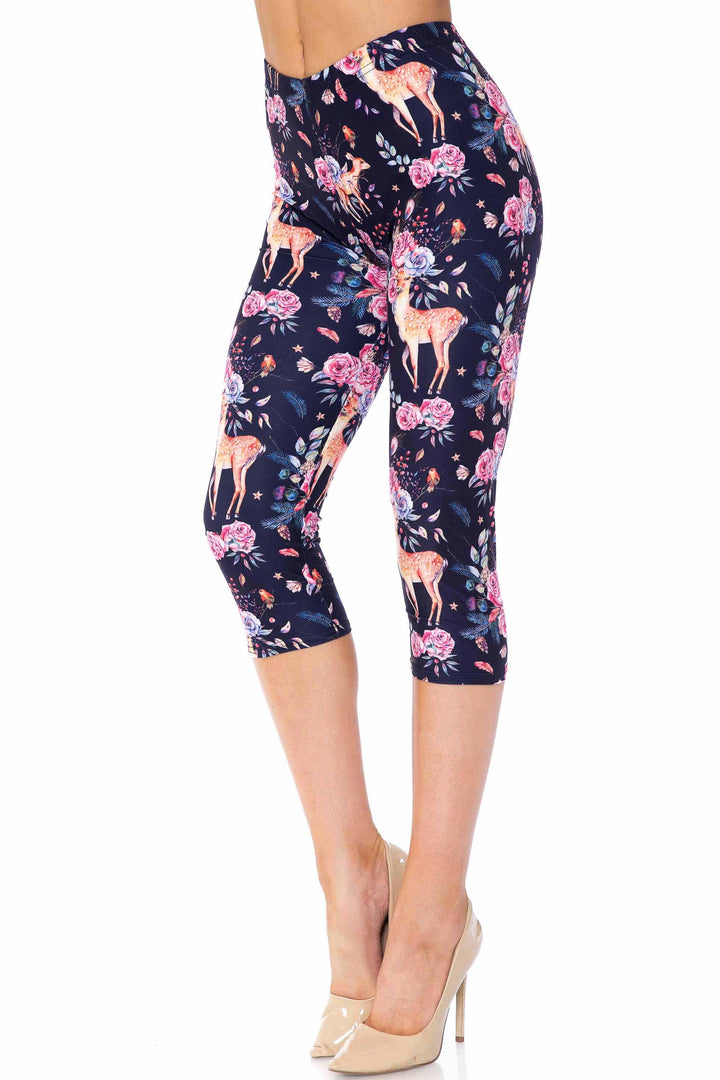 Creamy Soft Woodland Floral Fawn Extra Plus Size Capris - 3X-5X - USA Fashion